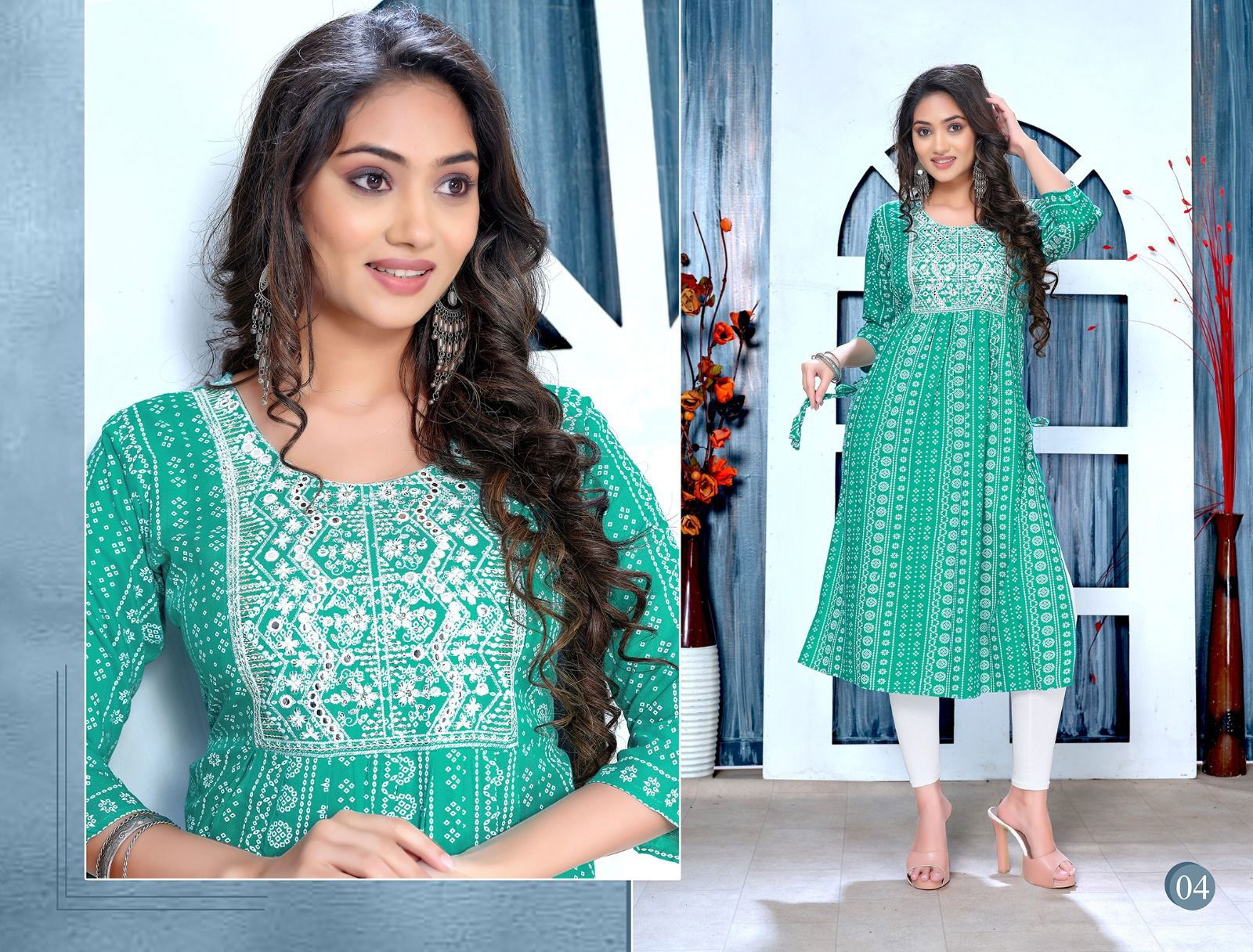 Golden Blissfull 2 Rayon Printed Flared Naira Cut  Kurti Catalog
